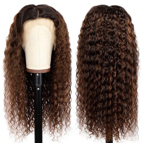 Lovenea Deep Curly 13x4 Lace Front Human Hair Wig 18 Inch FB30 Highlight Lace Front Wigs Pre Plucked Human Hair Wigs with Baby Hair 180% Density Natural Hairline (18 Inch)