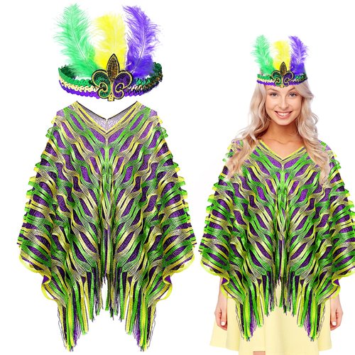 QLINLEAF Mardi Gras Poncho Feather Headband for Women Halloween Venetian Carnival Party Supplies