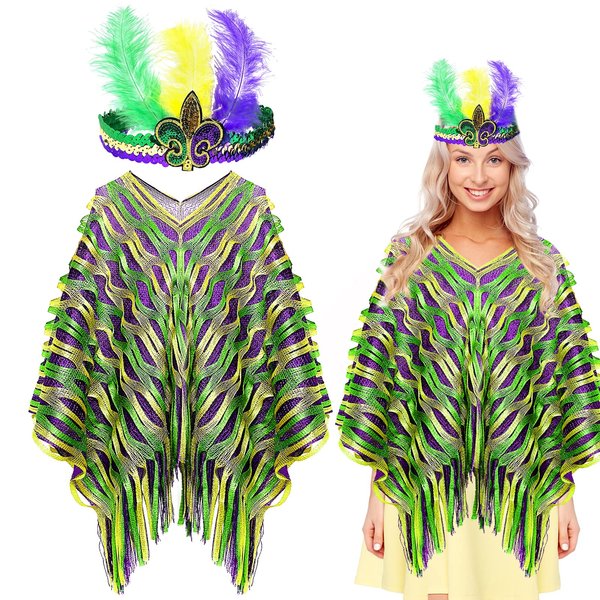 QLINLEAF Mardi Gras Poncho Feather Headband for Women Halloween Venetian Carnival Party Supplies