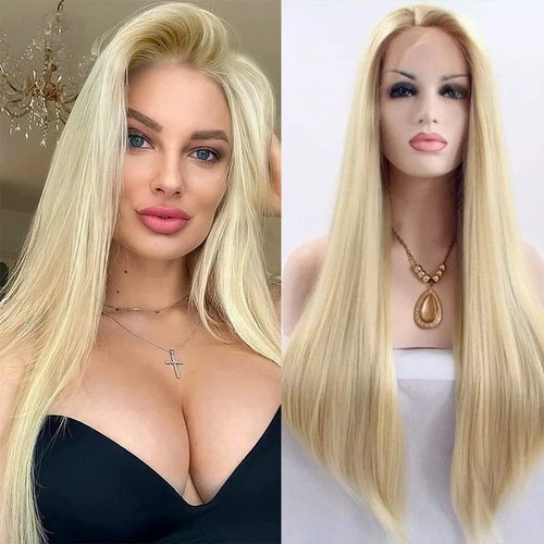 xiweiya Natural Mix Honey Blonde Lace Front Wigs Long Silky Straight Ombre Gold Synthetic Lace Wigs Heat Resistant Fiber for Women 24inch