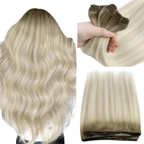 Sunny Weft Hair Extensions Ombre Blonde Human Hair Sew in Extensions Weft Ash Blonde Ombre Platinum Blonde Highlights Sew in Hair Extensions Real Human Hair Long Straight 100g 22inch