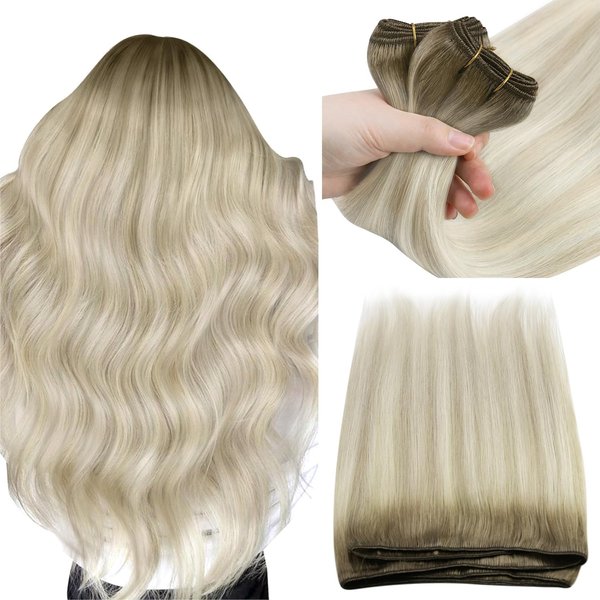 Sunny Weft Hair Extensions Ombre Blonde Human Hair Sew in Extensions Weft Ash Blonde Ombre Platinum Blonde Highlights Sew in Hair Extensions Real Human Hair Long Straight 100g 22inch