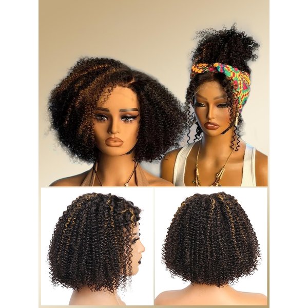 Derun 4C Kinky Edge 180% Density Afro Kinky Curly Bob 13x6 Lace Front Wig Human Hair Hightlight 1B30 Glueless Lace Wigs Pre Plucked Bleached Tiny Knots with Elastic Band for Black Women (10 Inch)