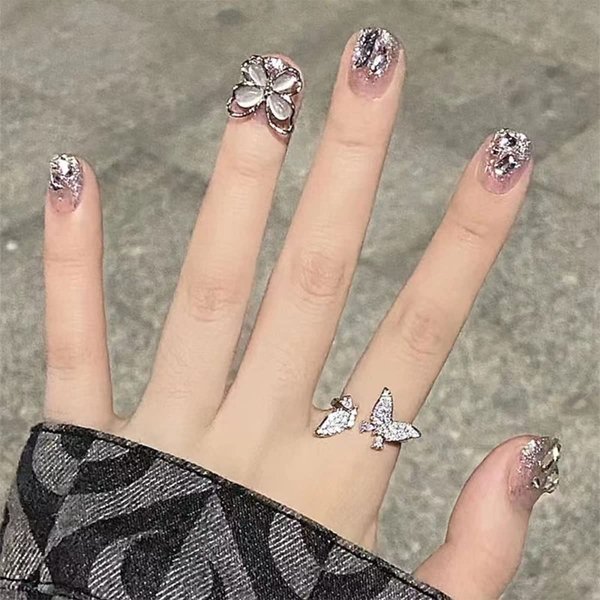 Yivaiks Y2K Glitter Press on Nails Short Fake Nails with Glue on Nails Rhinestones Butterfly Designs Glossy False Stick on Nils for Women and Girls…