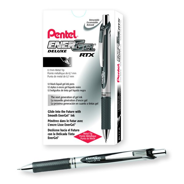 Pentel® EnerGel™ Retractable Liquid Gel Pens, Medium Point, 0.7 mm, Silver Barrel, Black Ink, Pack Of 12