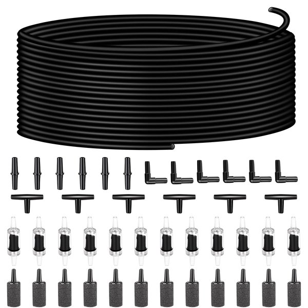 Saricho Aquarium air Pump Accessories Set-9.84/26.25/101.71 feet Aquarium Airline tubing Hose,Check valves,air Stones and connectors of I,L,T Shape (101.71feet Hose 12stone 12check Valve 18connector)