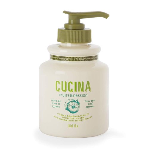 Fruits & Passion] Cucina Lime Zest and Cypress Luxury Hand Cream, 5 Fl Oz - Premium Skin Care Made from First Cold Pressed Olive Oil - Regenerating Hand Lotion for Dry, Cracked Skin