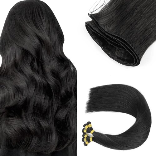 ABH AMAZINGBEAUTY HAIR Sew in Hand Tied Weft Hair Extensions, Black Human Hair Extensions for Women, Real Remy Human Hair, 50 Gram Jet Black 18 Inch