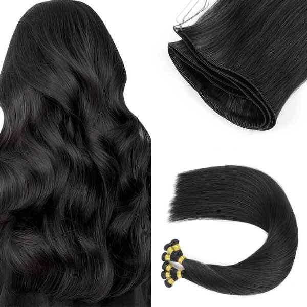 ABH AMAZINGBEAUTY HAIR Sew in Hand Tied Weft Hair Extensions, Black Human Hair Extensions for Women, Real Remy Human Hair, 50 Gram Jet Black 18 Inch