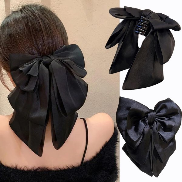 Bow Hair Claw Clips for Women, Ribbon Bowknot Hair Clips French Style with Long Tail for Women Girls Ponytail Hair Decorations Accessories (Black)