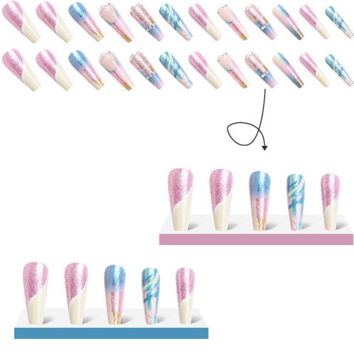 French Tip Press on Nails Long Coffin Fake Nails with Glitter & Rhinestone Designs Acrylic Nails Press ons Glossy Glue on Nails Full Cover Artificial Stick on Nails for Women 24Pcs