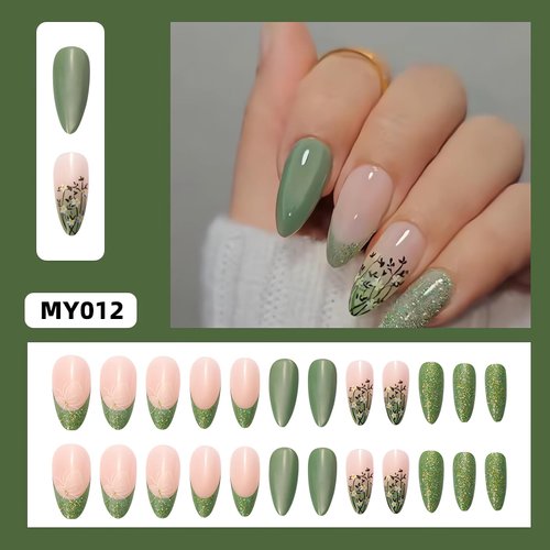 Green Press on Nails Medium Almond Fake Nails Press Ons White Green False Nails with Butterfly Design Flower French Tip Press on Nails Pink Glossy Oval Fake Nails Ombre Stick on Nails for Women Girl
