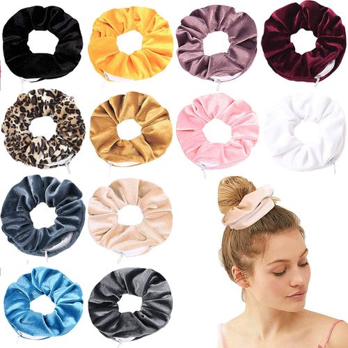 12 Pcs Premium Velvet Hair Tie Scrunchies for VSCO Girls & Women, original hidden pocket scrunchie with Zipper Pocket Stash Chiffon Floral Hair Scrunchies Storage for Women Girls Hair Accessories