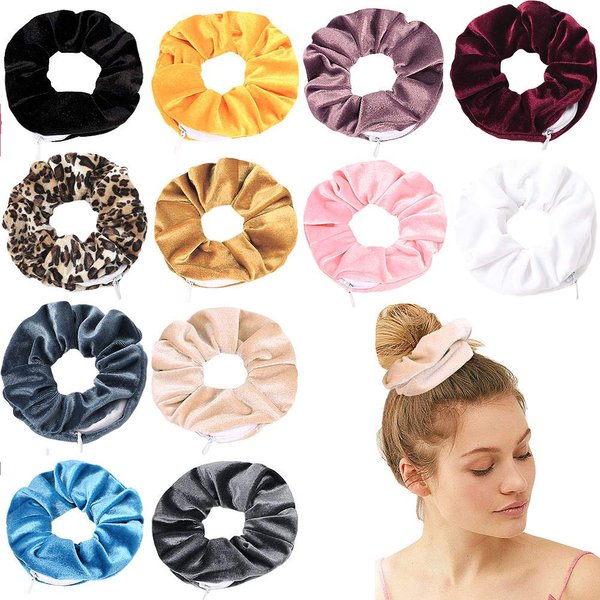 12 Pcs Premium Velvet Hair Tie Scrunchies for VSCO Girls & Women, original hidden pocket scrunchie with Zipper Pocket Stash Chiffon Floral Hair Scrunchies Storage for Women Girls Hair Accessories