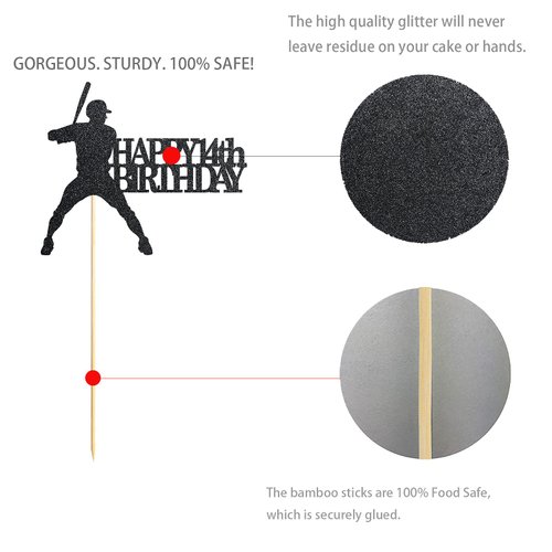 Black Baseball 14 Birthday Cake Topper, Glitter Happy 14th Birthday Party Decoration