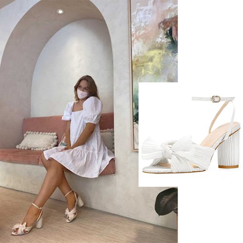 MUCCCUTE Women's Bow Knot Heeled Sandals White Ankle Buckle Strap Chunky Heeled Open-toe Bridal Wedding Party Fashion Heeled Sandals