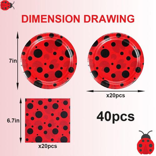 40Pcs Ladybug Birthday Party Supplies For 20 Guests - Disposable Tableware Red and Black Polka Dot Ladybug Plates Napkins, For Kids Ladybug Birthday Party Decorations