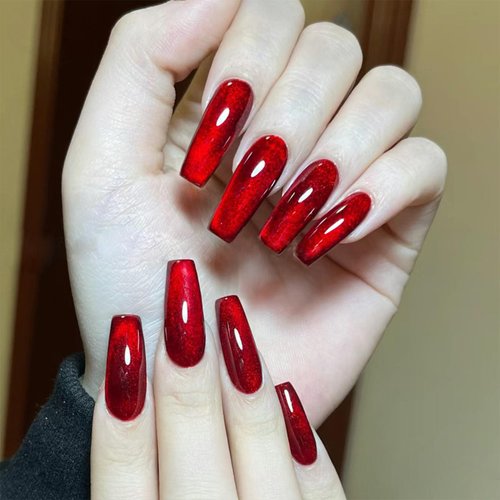 Red Press on Nails Medium Coffin Fake Nails Wine Red Cat Eye Fake Nails Christmas Nails Glue on Nails Glossy Acrylic Full Cover Nails Stick on Nails for Women Manicure Nail Art