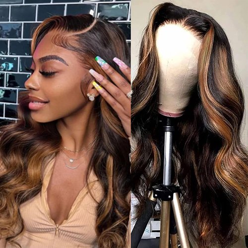 CHUDI Highlight Honey Blonde Lace Front Wig Human Hair 28Inch 210 Density Body Wave Wig Human Hair Pre Plucked With Baby Hair Ombre 13x4 HD Lace Front Human Hair Wigs for Black Women(1B/30)