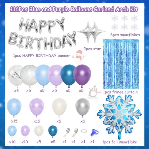 116Pcs Froozen Balloon Garland Arch Kit, Snowflake Blue Purple Confetti Balloons Fringe Curtain for Winter Wonderland Christmas Baby Shower Snow Princess Froozen Birthday Party Supplies Decorations