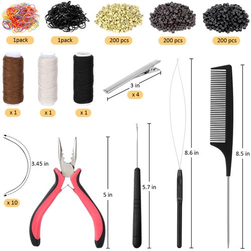 Hair Extension Tools Kit, 600 Silicone Lined Micro Rings, 1 Plier, 2 Hook Needle Pulling Loop, 10 Curved Hair Needle, 4 Metal Hair Clips, 1 Comb, 3 Sewing Threads, 200 Mini Rubber Bands