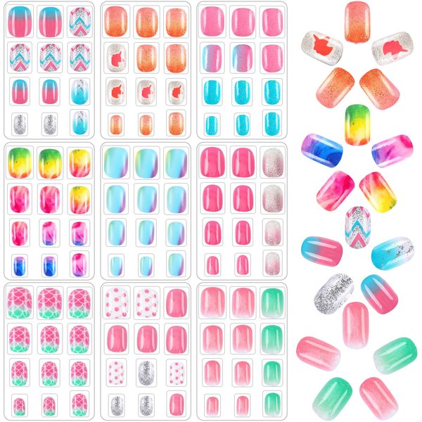 DTOFOOT 108Pcs Fake Press on Nails for Kids,Acrylic Full Cover False Press on Nails Girls Stick on Nails for Kids Children Birthday Party Favors Gift Nail Art Decoration（9 Pack Gradient Style）
