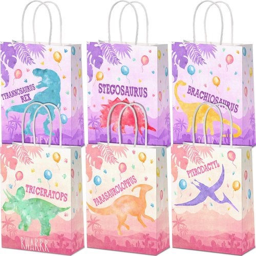 24 Pcs Dinosaur Party Favor Gift Bags with Handle, Dinosaur Kraft Paper Gift Wrap Bags Kids Goodie Treat Bags for Boys Girls Dinosaur Dino Theme Birthday Baby Shower Party Supplies (Dino Girl)