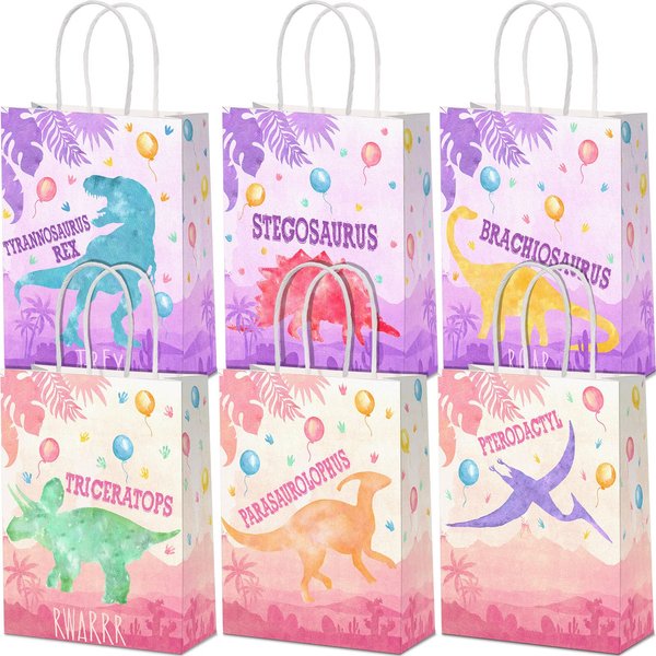 24 Pcs Dinosaur Party Favor Gift Bags with Handle, Dinosaur Kraft Paper Gift Wrap Bags Kids Goodie Treat Bags for Boys Girls Dinosaur Dino Theme Birthday Baby Shower Party Supplies (Dino Girl)