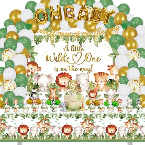 Safari Jungle Baby Shower Decorations, 150 Pcs a Wild One is on the Way Party Supplies Decor for Boy Girl Showers with Banners Cupcakes Wrappers Backdrop Tablecloth Centerpieces