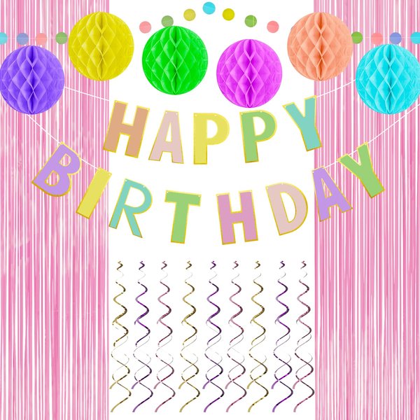 Wokceer Birthday Decorations for Girl Macaron Pink Happy Birthday Banner with Honeycomb Balls, Hanging Swirl Streamers, Circle Dots Garland Foil Curtain Birthday Party Decorations Kit for Women Girls