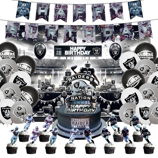 39 Pcs Raiders Party Supplies,Rugby Theme Party Supply Set Includes Happy Birthcday Banner,1 Cake Topper,1 Background, 12 Cupcake Toppers，24Balloons,For Football Rugby Fans Party Decorations