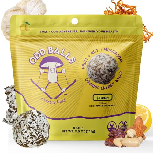 ODD BALLS Organic Energy Balls Lemon - Superfood Mushroom Snack - Running, Cycling, Hiking - Gels, Bars Alternative - Lion's Mane Focus, Cordyceps Energy - Vegan, Gluten Free Snacks for Kids & Adults