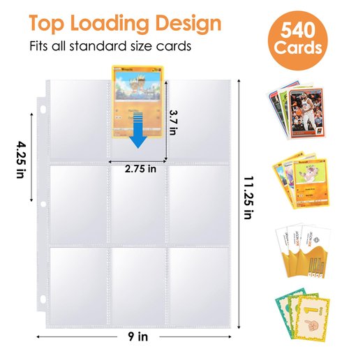 MaxGear 9-Pocket Baseball Card Sleeves, Double-Sided Trading Card Sleeves Pages for 3 Ring Binder, 540-Pockets Baseball Card Protectors for Sports Cards, Coupon, Game Cards, Business Cards, 30 Pack