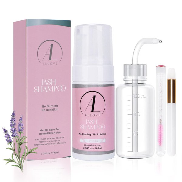 ALLOVE Lash Shampoo for Lash Extensions 100ml Eyelash Extension Cleanser + Rinse Bottle Sensitive and Non-irritation Lash Cleaning Kit for Eyelash Extensions Salon & Home Use - Lavender