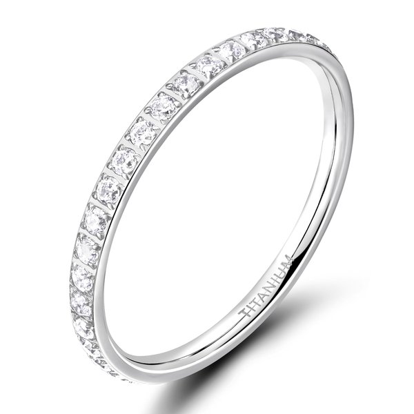 TIGRADE 2mm Women Titanium Eternity Ring Cubic Zirconia Anniversary Wedding Engagement Band Size 3-13.5 (Silver, 7)