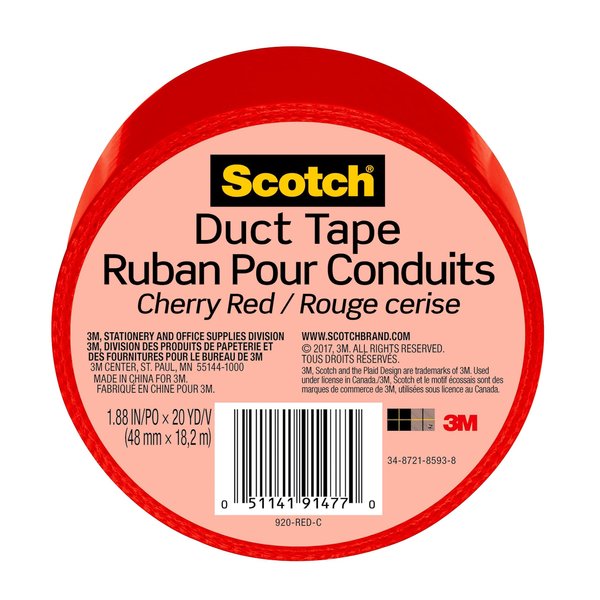 Scotch Duct Tape, 1.88 in x 20 yd, Cherry Red, 1 Roll (920-RED-C)