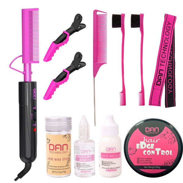 DAN Technology hot Comb Set,hot Comb,Edge Control Gel,Hair Wax Stick,Wig Glue,Wig Glue Remover,Lace Melting Band,Rat Tail Comb,Hair Edge Brush,Salon Styling Clips,hot Comb for lace Front Wigs…