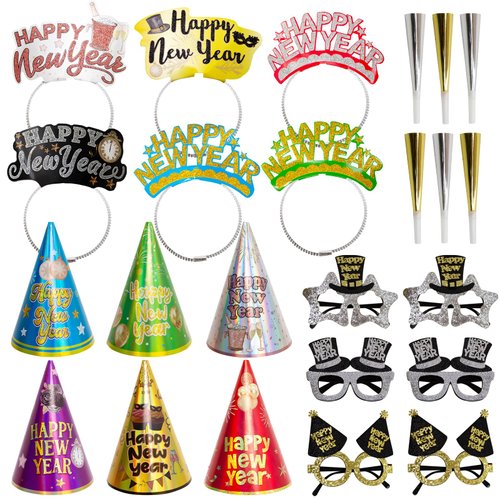 Happy New Years Eve Party Supplies 2025 New Year Decoration Favors 6 Cone Hats 6 Headbands Tiaras 6 Felt Glasses Eyeglasses 6 Squakers New Year's Eve Party