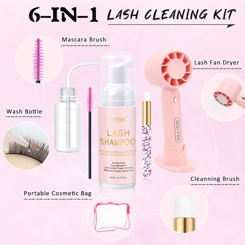EMEDA Lash Shampoo Cleaning Kit - Lash Extensions Cleanser Lash Bath Kit with Lash Fan Dryer Brush Rinse Bottle, Oil Free Foam Wash for Extensions & Natural Lashes/Safe Makeup Remover