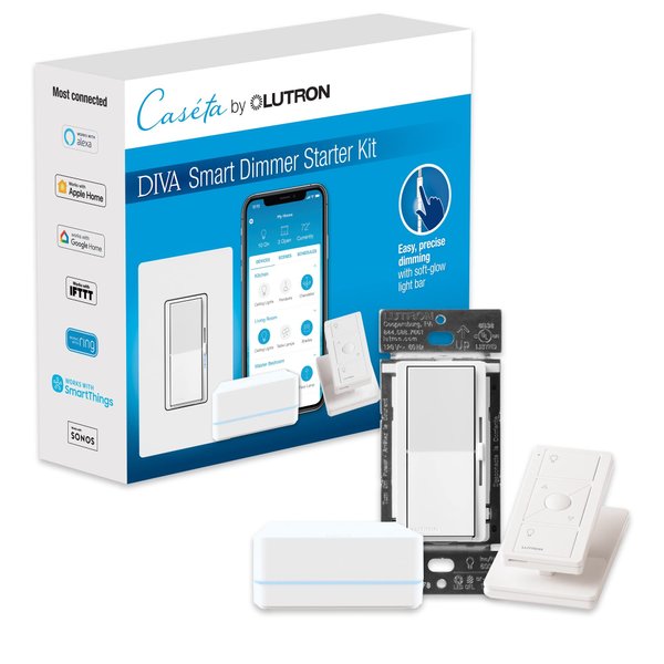 Lutron Caseta Smart Lighting Kit w/ Hub, Diva Dimmer Switch, Remote & More, for All Light Bulbs, Works w/ Alexa, Apple Homekit, Google Home, 150W Single-Pole/3-Way, No Neutral Required, DVRF-BDG-1DP-A