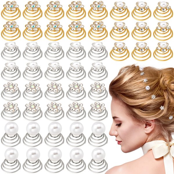 OIIKI 50PCS Rhinestone Pearl Spirals Hair Clips, Sparkle Crystal Flower Pearl Coil Hair Jewelry Clips, Hair Decorative Accessories for Bridal, Bridesmaid Flower Wedding Party Prom (5 Styles)