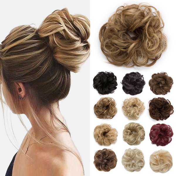 Benehair Messy Bun Hair Piece Scrunchy Updo Hair Pieces for Women Fluffy Wavy Hair Bun Scrunchies Donut Hairpiece Synthetic Chignons With Elastic Rubber Band Light Brown & Ash Blonde 2pcs 50g