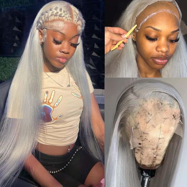 13x4 HD Lace Front Wigs Human Hair Silky Straight Glueless Gray Human Hair Wig 30 Inch Long Layered Grey Frontal Wigs Human Hair HD Lace Pre Plucked Silver Human Hair Wigs for Women 150% Density