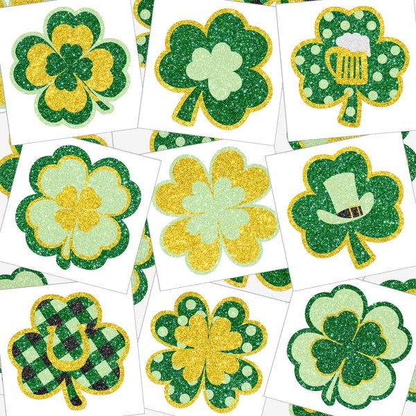 72 Pieces Glitter Shamrock Temporary Tattoos St. Patrick's Day Tattoos Lucky Clover Glitter Tattoo Stickers St. Patrick's Day Irish Sticker Parade Party Favors Decorations Accessories, 9 Styles