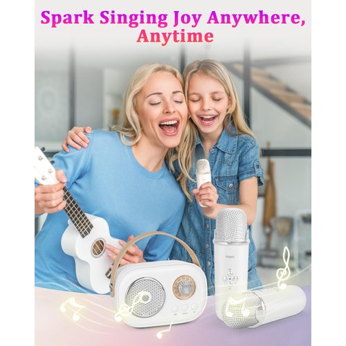 Mini Karaoke Machine for Kids&Adults,Portable Bluetooth Speaker with 2 Wireless Microphones and Stereo Sound Enhanced Bass,Gifts for Girl 3 4 5 6 7 8 9 10 11 12+ Years Old Home Party (White)