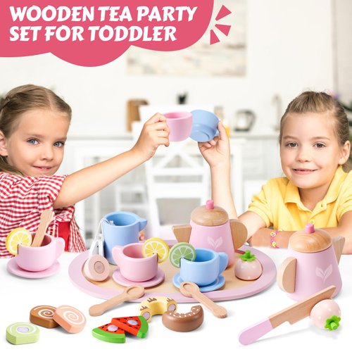 Wooden Tea Party Set, Tea Set for Little Girls 1-3 Toddler Tea Sets for Girls 2-4 with Wooden Toys Food Pretend Play Tea Party Wooden Kitchen Toys Playset Christmas Birthday Gift