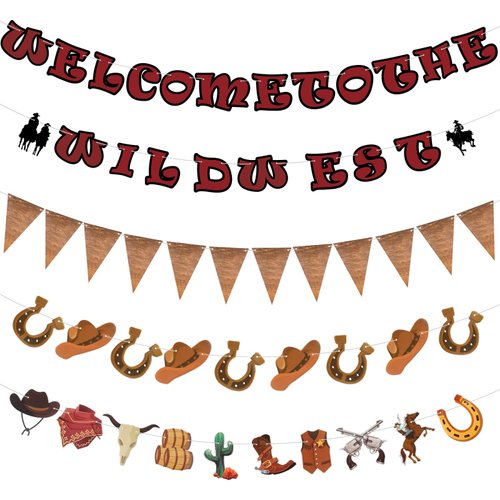 5 Pcs Western Cowboy Party Decorations Bandana Pennant Banner Wild West Banner Cowboy Banner Hanging Western Yee Haw Banner Western Decorations for Cowboy Birthday Party Supplies (Wild Style)