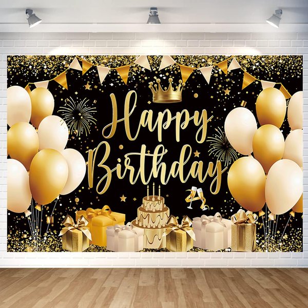 Black and Gold Birthday Paty Backdrop Black and Gold Happy Birthday Banner Black and Gold Photography Background for Home Decorations Party Supplies 70.8 x 47.2 Inch