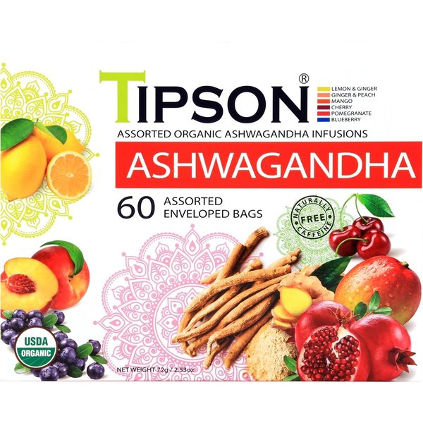 Tipson Organic Ashwagandha Variety Sampler - 6 Flavors (60 Tea Bags), Herbal Tea Infusions - USDA Organic, Non GMO, and Gluten Free