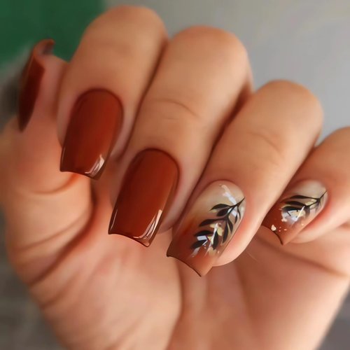 IMSOHOT Medium Press on Nails Square Fake Nails Glossy Glue on Nails Brown Gradient Glitter Designs Full Cover Acrylic Fall Squoval False Nails for Women 24Pcs